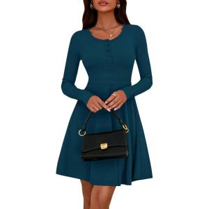 BTFBM Casual Fall Dresses for Women 2025 Long Sleeve Ribbed Button Down Empire Waist A Line Winter Wedding Guest Dress(Lake Blue)