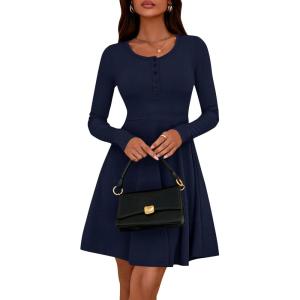 BTFBM Casual Fall Dresses for Women 2025 Long Sleeve Ribbed Button Down Empire Waist A Line Winter Wedding Guest Dress(Navy)