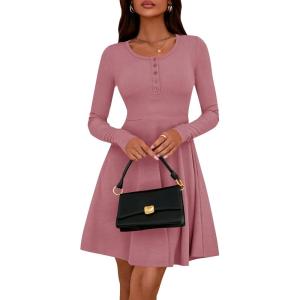 BTFBM Casual Fall Dresses for Women 2025 Long Sleeve Ribbed Button Down Empire Waist A Line Winter Wedding Guest Dress(Pink)