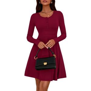 BTFBM Casual Fall Dresses for Women 2025 Long Sleeve Ribbed Button Down Empire Waist A Line Winter Wedding Guest Dress(Wine Red)