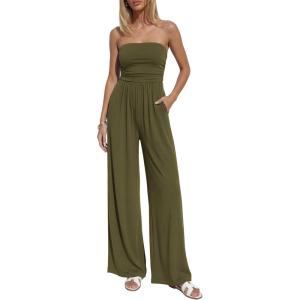 BTFBM Jumpsuits For Women Summer 2026 Beach Vacation Strapless Tube Top Jumpsuit Ruched Casual Wide Leg Pant Rompers(Army Green)