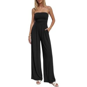 BTFBM Jumpsuits For Women Summer 2026 Beach Vacation Strapless Tube Top Jumpsuit Ruched Casual Wide Leg Pant Rompers(Black)