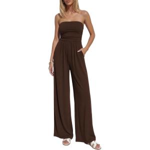 BTFBM Jumpsuits For Women Summer 2026 Beach Vacation Strapless Tube Top Jumpsuit Ruched Casual Wide Leg Pant Rompers(Brown)
