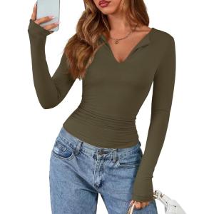 BTFBM Long Sleeve Shirts for Women 2025 Fall Fashion V Neck Knit Ruched Slim Fit Casual Basic Tees Going Out Tops Y2k(Army Green)