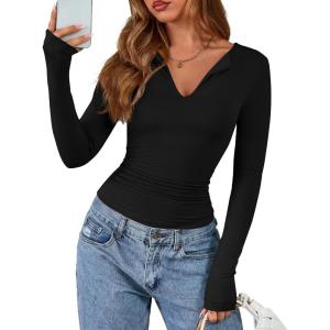 BTFBM Long Sleeve Shirts for Women 2025 Fall Fashion V Neck Knit Ruched Slim Fit Casual Basic Tees Going Out Tops Y2k(Black)