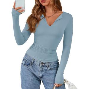 BTFBM Long Sleeve Shirts for Women 2025 Fall Fashion V Neck Knit Ruched Slim Fit Casual Basic Tees Going Out Tops Y2k(Blue)