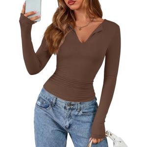 BTFBM Long Sleeve Shirts for Women 2025 Fall Fashion V Neck Knit Ruched Slim Fit Casual Basic Tees Going Out Tops Y2k(Brown)