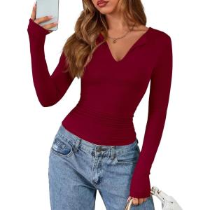 BTFBM Long Sleeve Shirts for Women 2025 Fall Fashion V Neck Knit Ruched Slim Fit Casual Basic Tees Going Out Tops Y2k(Burgundy)