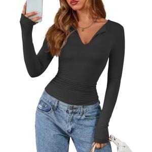 BTFBM Long Sleeve Shirts for Women 2025 Fall Fashion V Neck Knit Ruched Slim Fit Casual Basic Tees Going Out Tops Y2k(Dark Grey)