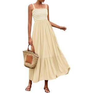 BTFBM Summer Midi Dresses for Women 2025 Spring Sleeveless Square Neck Smocked Flowy Long Beach Vacation Sundress Pocket(Beige)