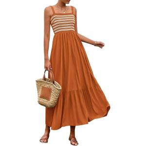 BTFBM Summer Midi Dresses for Women 2025 Spring Sleeveless Square Neck Smocked Flowy Long Beach Vacation Sundress Pocket(Brown Yellow)