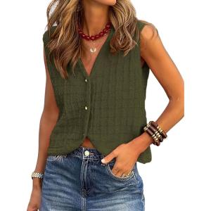 BTFBM Summer Sweater Vest for Women 2025 Sleeveless V Neck Button Up Cardigan Waffle Knit Tank Tops Spring Clothes(Army Green)