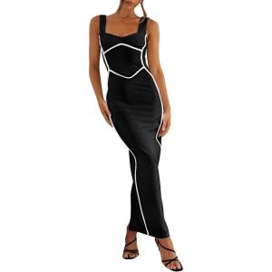 BTFBM Women Bodycon Maxi Dress Square Neck Sleeveless Contrast Binding Slit Cocktail Formal Wedding Guest Dresses 2025(Black)