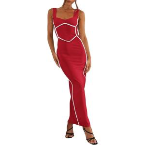 BTFBM Women Bodycon Maxi Dress Square Neck Sleeveless Contrast Binding Slit Cocktail Formal Wedding Guest Dresses 2025(Red)