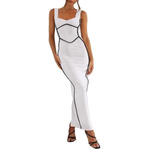 BTFBM Women Bodycon Maxi Dress Square Neck Sleeveless Contrast Binding Slit Cocktail Formal Wedding Guest Dresses 2025(White)