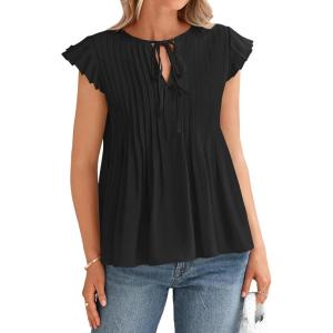 BTFBM Women Summer Casual Shirt 2025 Resort Outfits Ruffle Cap Sleeve Front Bow Tie Tops Loose Flowy Beach Blouse Shirts(Black)