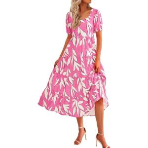 BTFBM Women’s Boho Summer Dresses Short Sleeve Floral Print Smocked Tie Back Tiered A-Line Flowy Cruise Vacation Dress(Floral Beige Pink)