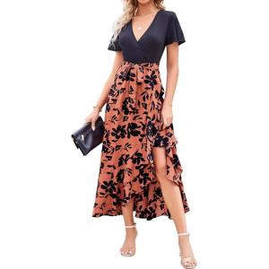 BTFBM Womens Maxi Summer Dresses 2025 Short Sleeve V Neck Boho Floral Print Belted High Low Ruffle Party Cocktail Dress(Big Floral Brown)