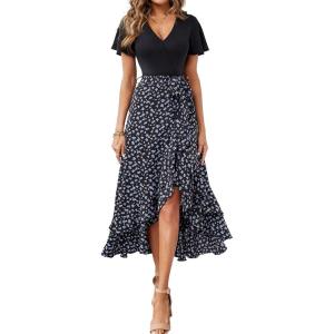 BTFBM Womens Maxi Summer Dresses 2025 Short Sleeve V Neck Boho Floral Print Belted High Low Ruffle Party Cocktail Dress(Floral Black Blue)