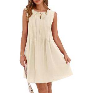 BTFBM Womens Summer Mini Dress 2025 Sleeveless Crew Neck Cute Bow Tie Front Loose Pleated Casual Short Dresses Pockets(Beige)