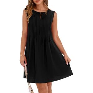 BTFBM Womens Summer Mini Dress 2025 Sleeveless Crew Neck Cute Bow Tie Front Loose Pleated Casual Short Dresses Pockets(Black)