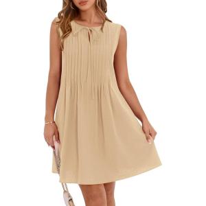 BTFBM Womens Summer Mini Dress 2025 Sleeveless Crew Neck Cute Bow Tie Front Loose Pleated Casual Short Dresses Pockets(Khaki)