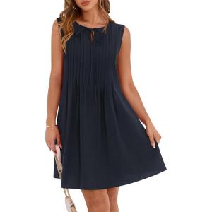 BTFBM Womens Summer Mini Dress 2025 Sleeveless Crew Neck Cute Bow Tie Front Loose Pleated Casual Short Dresses Pockets(Navy)