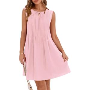 BTFBM Womens Summer Mini Dress 2025 Sleeveless Crew Neck Cute Bow Tie Front Loose Pleated Casual Short Dresses Pockets(Pink)