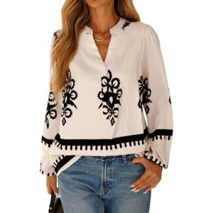 BTFBM Womens Tops Spring Casual Long Sleeve Shirts Button Up V Neck Bohemian Blouses Loose Tunics Vacation Outfits(Apricot Black Floral)