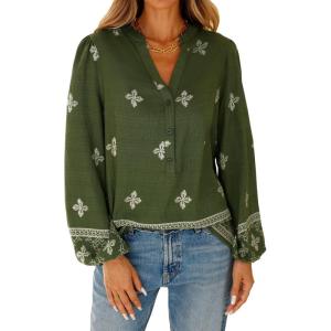 BTFBM Womens Tops Spring Casual Long Sleeve Shirts Button Up V Neck Bohemian Blouses Loose Tunics Vacation Outfits(Army Green White Floral)