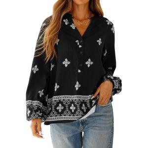 BTFBM Womens Tops Spring Casual Long Sleeve Shirts Button Up V Neck Bohemian Blouses Loose Tunics Vacation Outfits(Black White Floral)