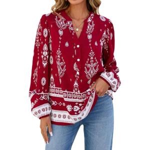 BTFBM Womens Tops Spring Casual Long Sleeve Shirts Button Up V Neck Bohemian Blouses Loose Tunics Vacation Outfits(Red White Floral)