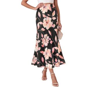 BTFBM Maxi Skirts for Women 2026 Summer Spring Boho Lightweight A Line High Waisted Wedding Guest Party Silk Midi Skirt(Floral Black Pink)