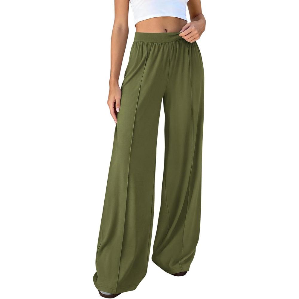 imageBTFBM Palazzo Pants for Women 2026 Spring Summer Casual Lounge Pants High Waist Flowy Trousers Baggy Wide Leg SweatpantsArmy Green