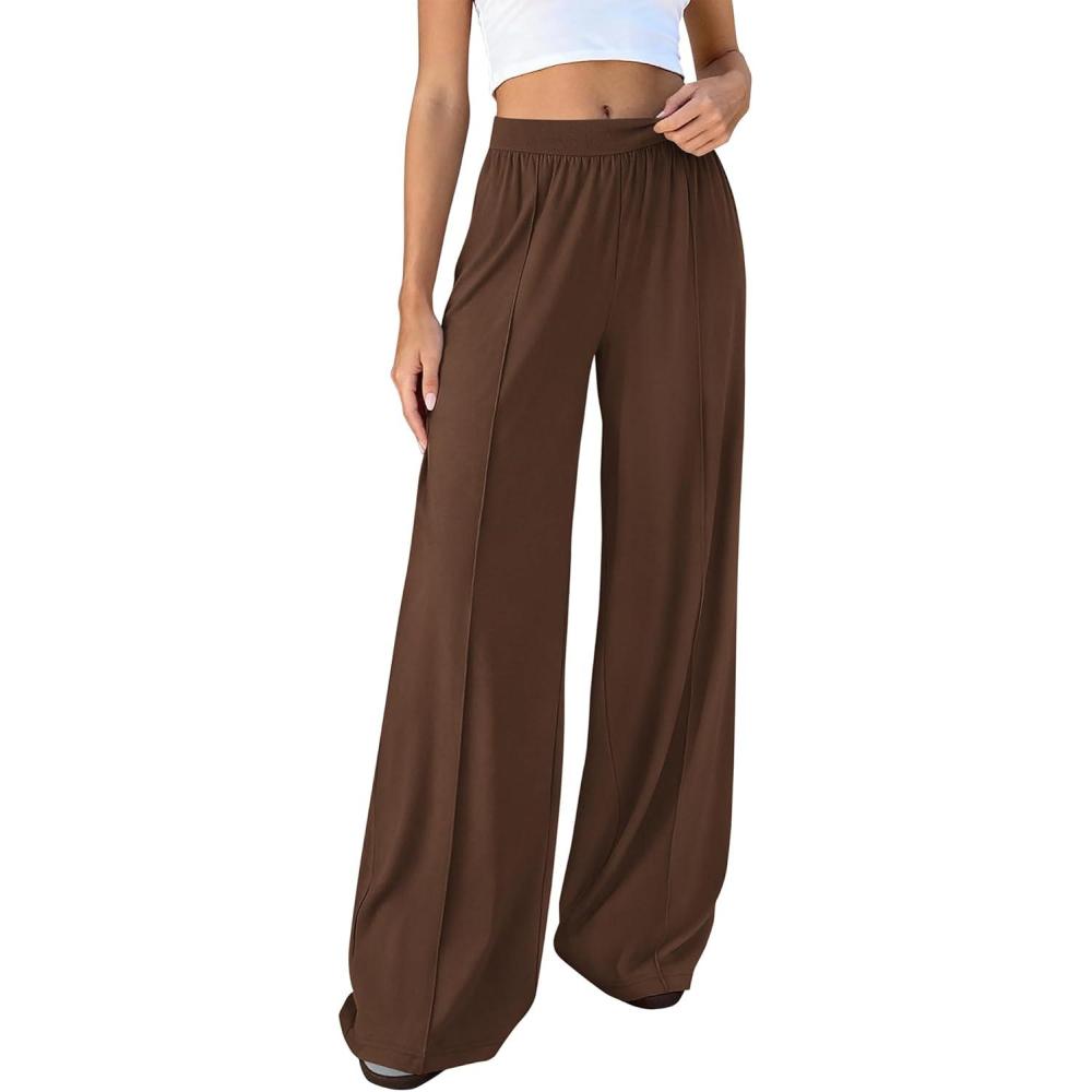 imageBTFBM Palazzo Pants for Women 2026 Spring Summer Casual Lounge Pants High Waist Flowy Trousers Baggy Wide Leg SweatpantsBrown