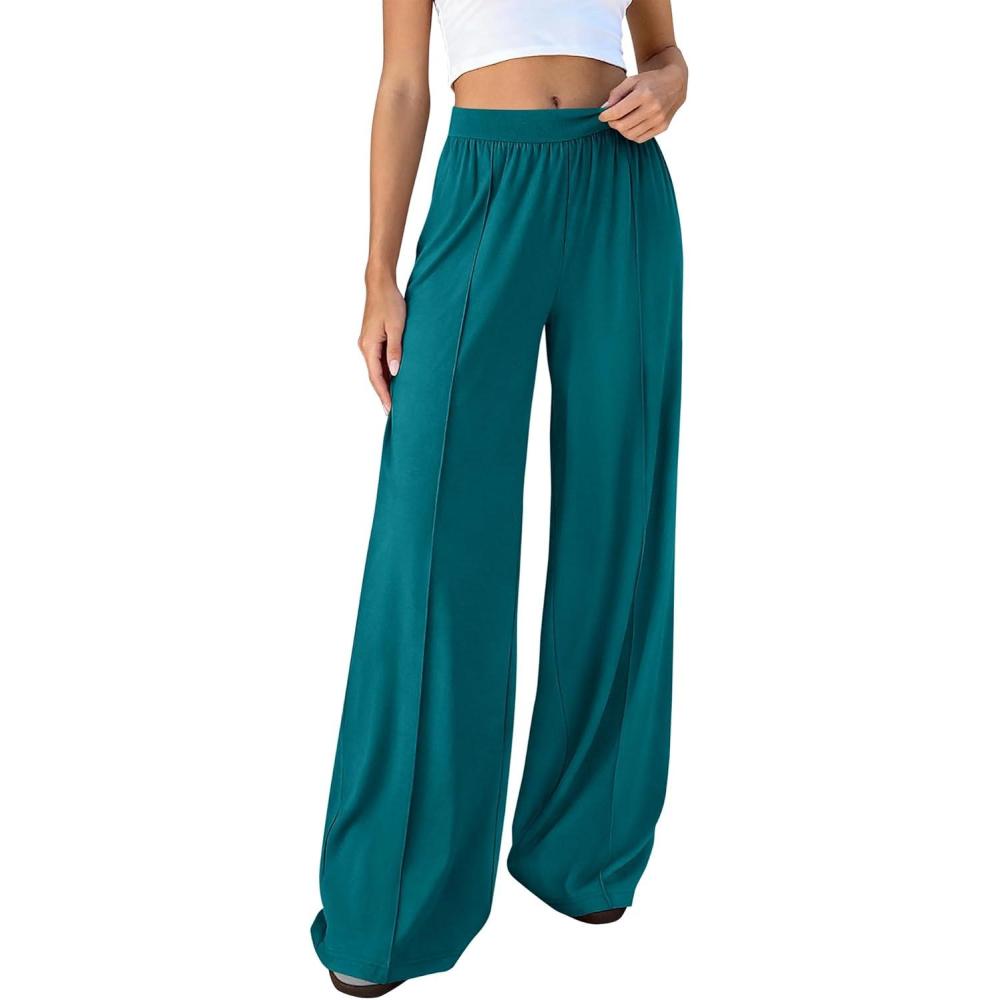 imageBTFBM Palazzo Pants for Women 2026 Spring Summer Casual Lounge Pants High Waist Flowy Trousers Baggy Wide Leg SweatpantsLake Blue