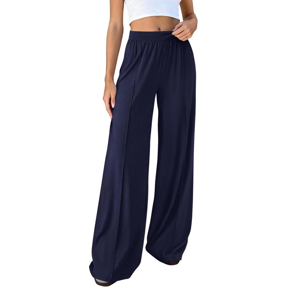 imageBTFBM Palazzo Pants for Women 2026 Spring Summer Casual Lounge Pants High Waist Flowy Trousers Baggy Wide Leg SweatpantsNavy