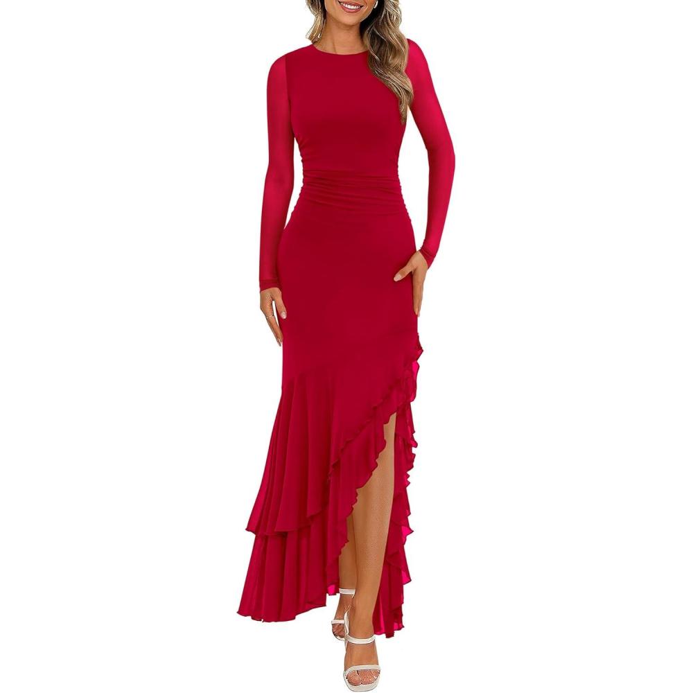 imageBTFBM Womens Maxi Dresses Spring 2026 Long Sleeve Ruched Bodycon Solid Ruffle Mermaid Cocktail Wedding Guest DressRed