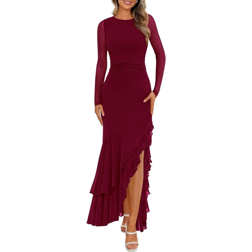 imageBTFBM Womens Maxi Dresses Spring 2026 Long Sleeve Ruched Bodycon Solid Ruffle Mermaid Cocktail Wedding Guest DressWine Red