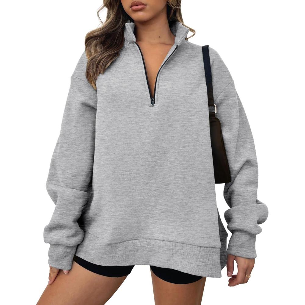 imageBTFBM Womens Quarter Zip Sweatshirt 2024 Fall Spring Oversized Casual Long Sleeve Workout Pullover Y2K ClothesSolid Grey