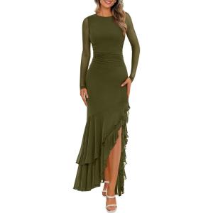 BTFBM Women’s Maxi Dresses Spring 2026 Long Sleeve Ruched Bodycon Solid Ruffle Mermaid Cocktail Wedding Guest Dress(Army Green)