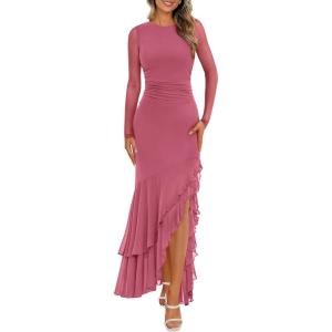 BTFBM Women’s Maxi Dresses Spring 2026 Long Sleeve Ruched Bodycon Solid Ruffle Mermaid Cocktail Wedding Guest Dress(Grey Pink)