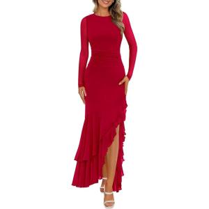 BTFBM Women’s Maxi Dresses Spring 2026 Long Sleeve Ruched Bodycon Solid Ruffle Mermaid Cocktail Wedding Guest Dress(Red)