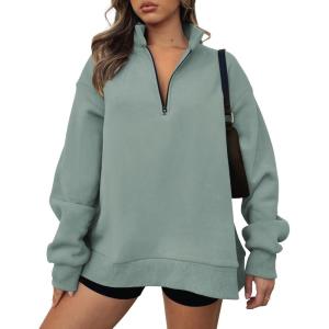 BTFBM Women’s Quarter Zip Sweatshirt 2024 Fall Spring Oversized Casual Long Sleeve Workout Pullover Y2K Clothes(Solid Grey Green)