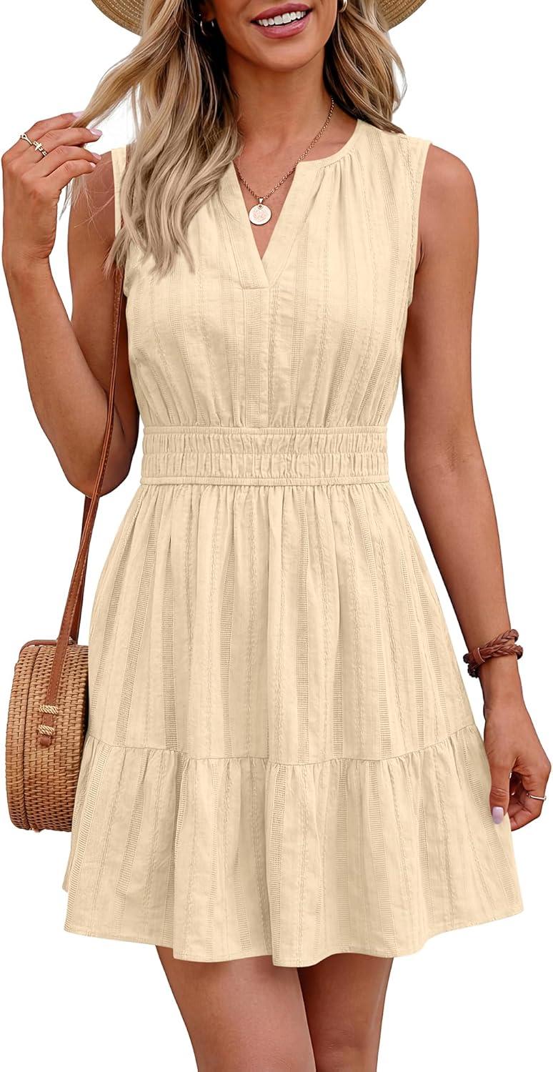 imageBTFBM Mini Dresses for Women 2026 Summer Sleeveless V Neck Elastic Waist Beach Vacation Sundress Boho Casual Dress PocketsBeige