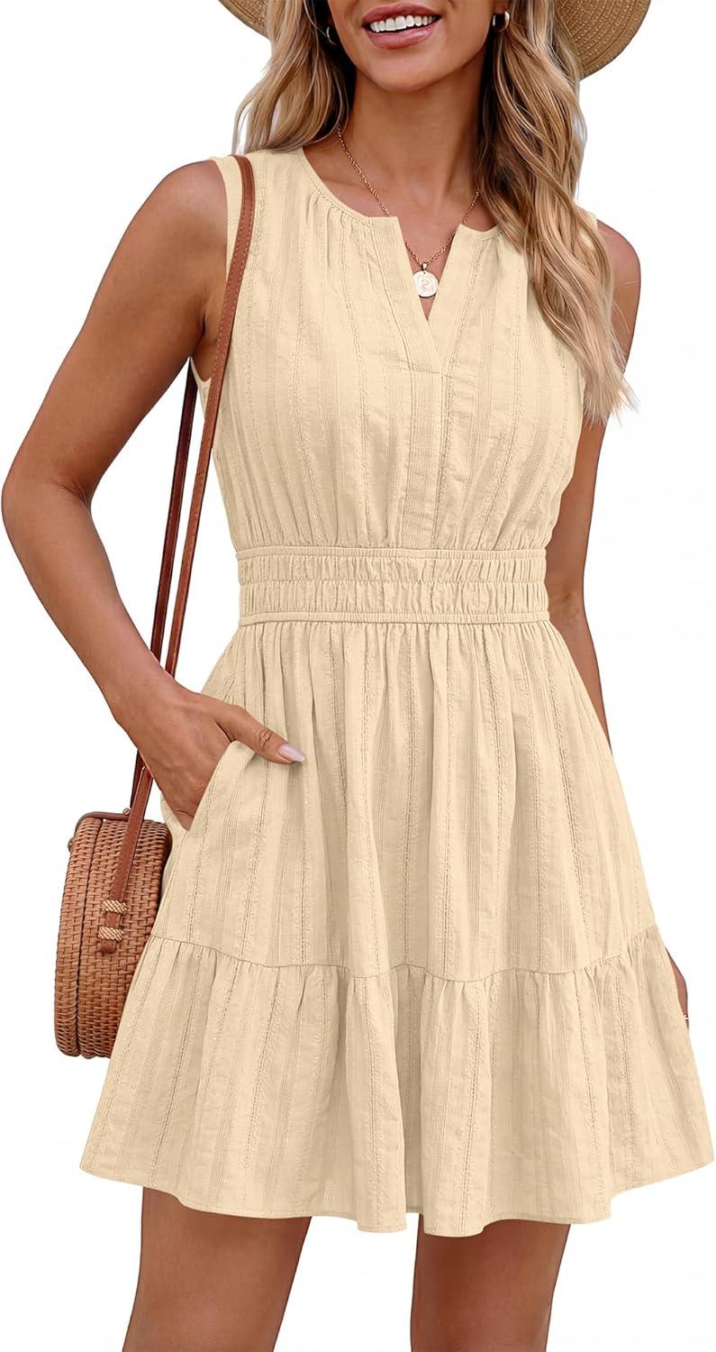 imageBTFBM Mini Dresses for Women 2026 Summer Sleeveless V Neck Elastic Waist Beach Vacation Sundress Boho Casual Dress PocketsBeige