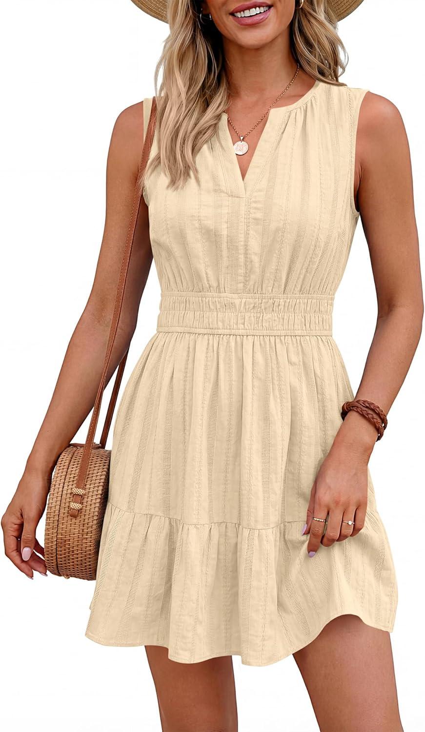 imageBTFBM Mini Dresses for Women 2026 Summer Sleeveless V Neck Elastic Waist Beach Vacation Sundress Boho Casual Dress PocketsBeige