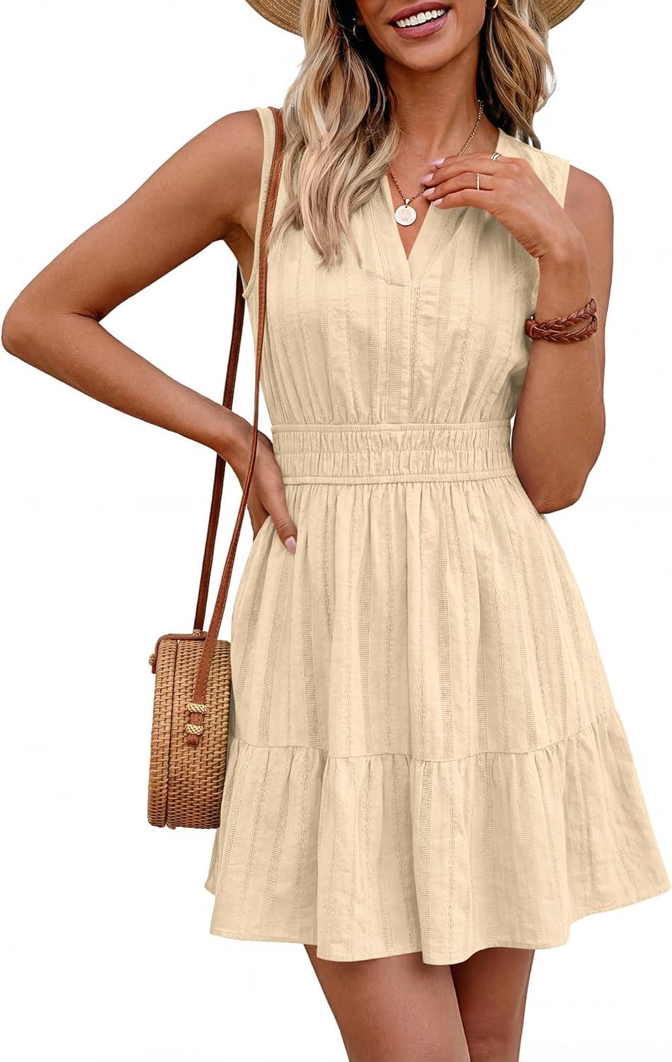 imageBTFBM Mini Dresses for Women 2026 Summer Sleeveless V Neck Elastic Waist Beach Vacation Sundress Boho Casual Dress PocketsBeige