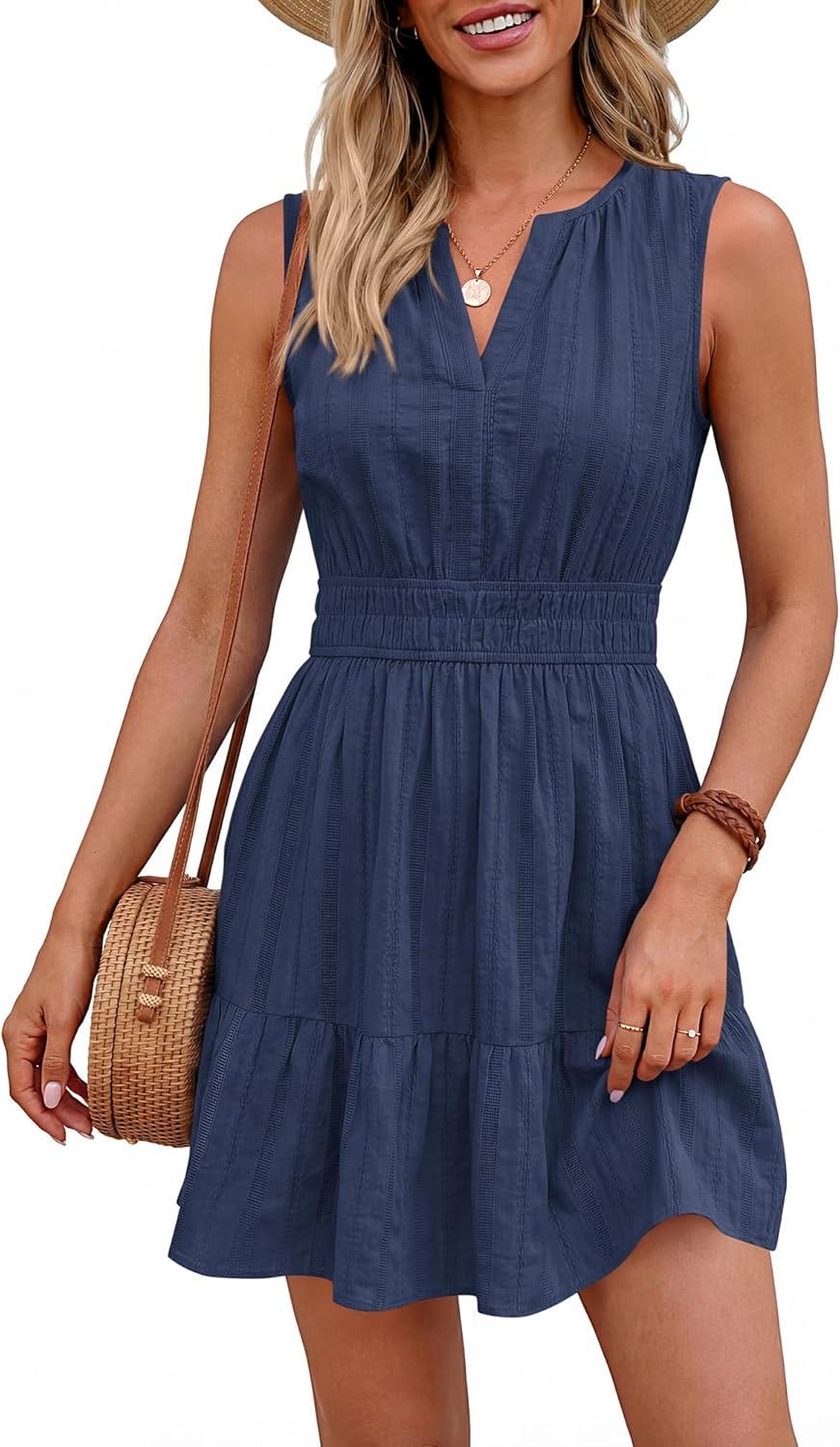imageBTFBM Mini Dresses for Women 2026 Summer Sleeveless V Neck Elastic Waist Beach Vacation Sundress Boho Casual Dress PocketsNavy Blue