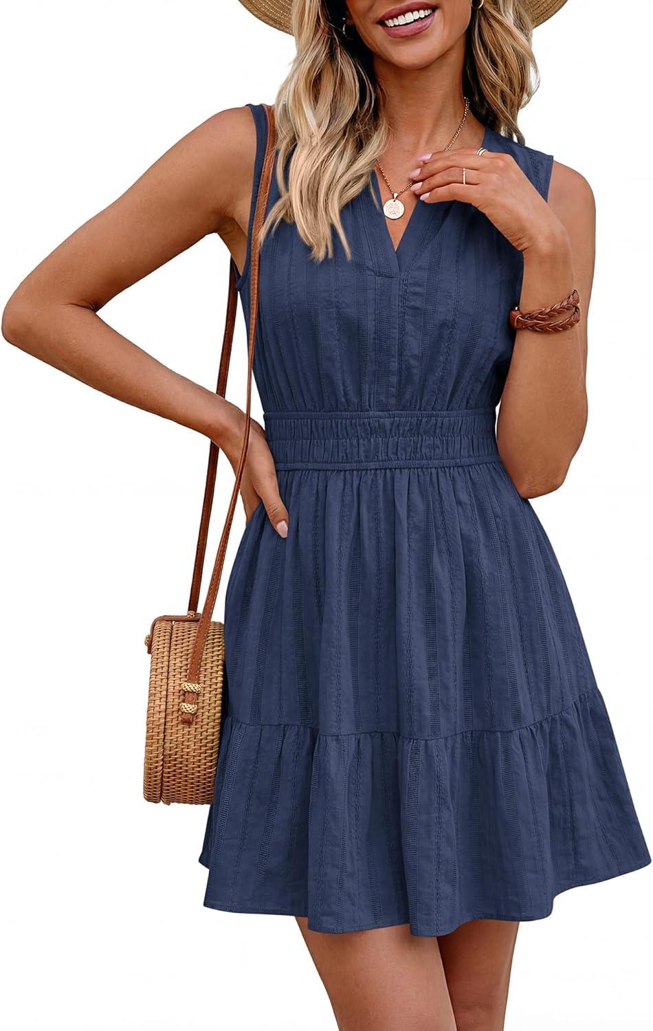 imageBTFBM Mini Dresses for Women 2026 Summer Sleeveless V Neck Elastic Waist Beach Vacation Sundress Boho Casual Dress PocketsNavy Blue